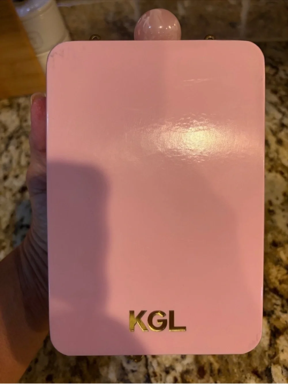Kurt Geiger Pink Pearl and Gold Sequin Perfume Bottle Crossbody